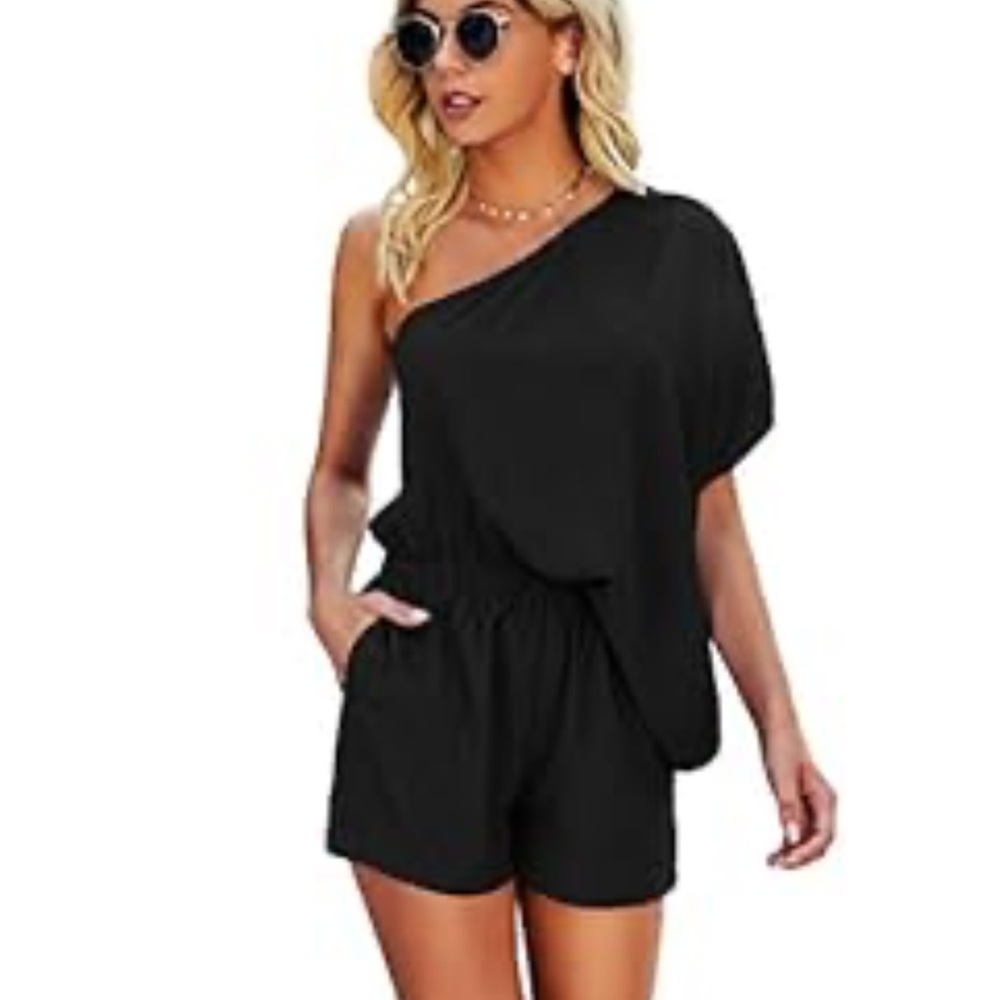 One shoulder black chiffon romper XL-XXL